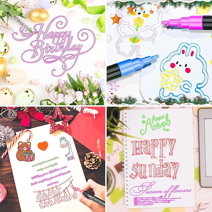 Caliart Stocking Stuffers for Kids Teen Girls, 12 Colors Outline Markers Shimmer Glitter Pens, Christmas Tween Teen Girl Gifts Trendy Stuff, Art Supplies for 6-8-10-12 Year Old Cool Fun Craft Drawing