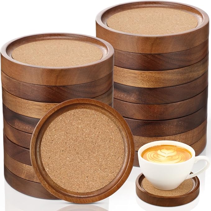 Zhehao 16 Pcs Acacia Wood Coasters Bulk 4 Inch Wooden Stackable Reusable Drink Coasters for Coffee Tea Table Protection Table Bar Home Desk Supplies Housewarming Gifts(Soft Cork)