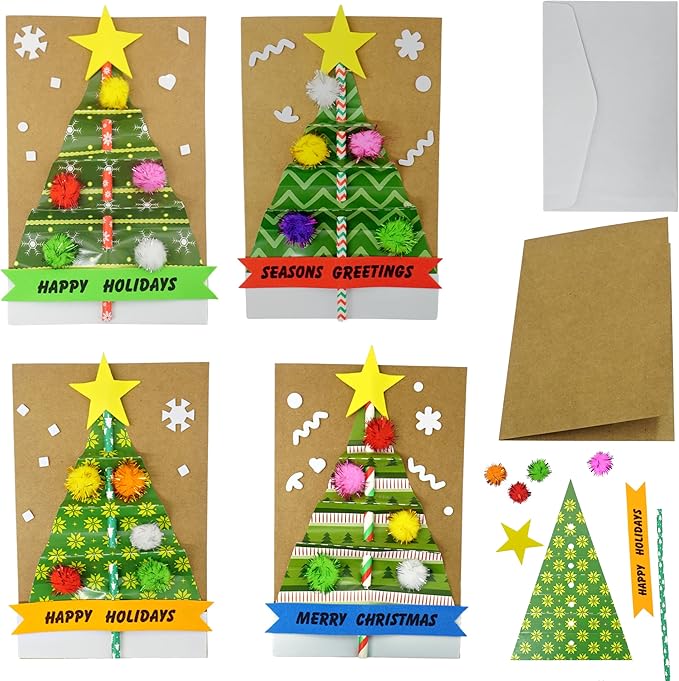 4E's Novelty Christmas Card Making Craft Kit for Kids (12 Pack) DIY Handmade Greeting Card with Envelopes & Supplies for Adults & Kids, Holiday DIY Christmas Party Invitation Card