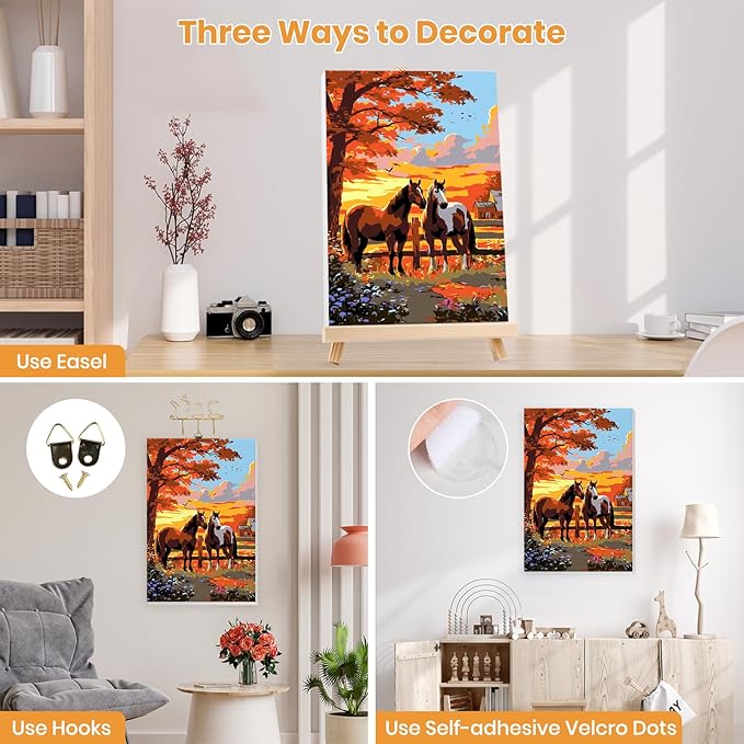 MXJSUA Two Horses Framed Paint by Numbers for Adults Beginners, Easy Adults' Paint-by-Number Kits on Canvas with Easel, Animal Acrylic Number Painting Crafts Kits Gifts for Home Decor, 8x12inch