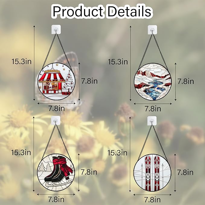 Stained Glass Window Hanging 4 Pcs Set Winter Skiing Red Christmas House 7.8" - Suncatcher Door Garden Sun Catcher Decor Birthday Mother's Day for Mom Woman Nana Friend