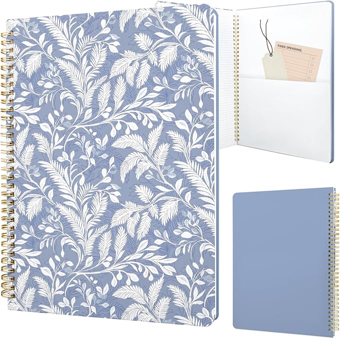 Cute Spiral Notebook journal A4 Aesthetic Pretty Design for Women Girls Kawaii with Pocket, 8.5 x 11 inch, Graph, Blue Leaves