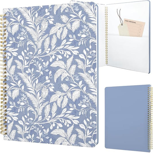 Cute Spiral Notebook journal A4 Aesthetic Pretty Design for Women Girls Kawaii with Pocket, 8.5 x 11 inch, Graph, Blue Leaves