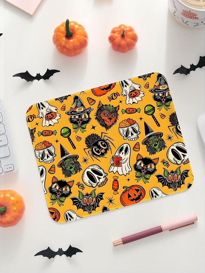 Seorsok Halloween Funny Pumpkin Mouse Mat,Skeleton Skull Decor Mouse Pads for Office Laptop,Washable Square Mousepads with Extended Stitched Edges Non Slip Rubber Base 9.5"x7.8"x0.12" Inch,Yellow