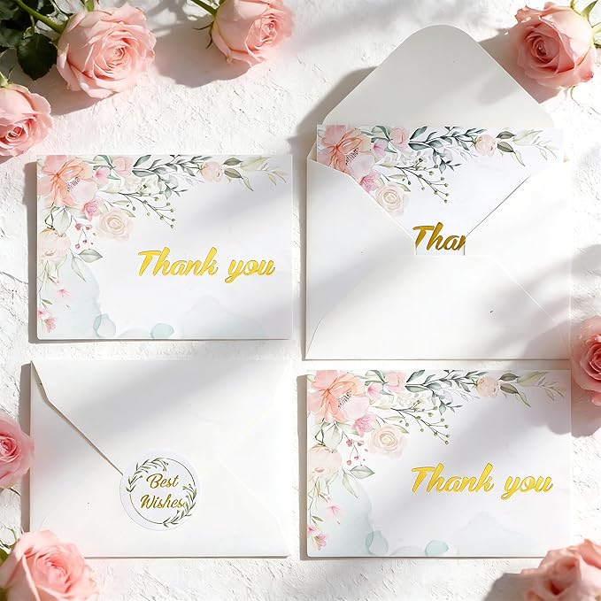 20 Pack Flower Thank You Cards with Envelopes and Stickers 3.66x2.76'' Gold Foiled Greeting Card Wildflower Thank You Cards Set Mixed Color Gift Card for Friends Family