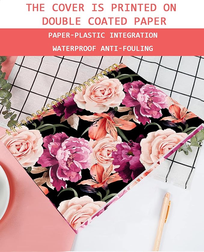 iampanda Spiral Journal Notebook,Strong Twin-Wire Binding with Premium Paper for Girl Women,Fashion 60 Sheets A5 College Ruled Notebook/Journal,Perfect for School Office Home Gifts,Black Pink Rose