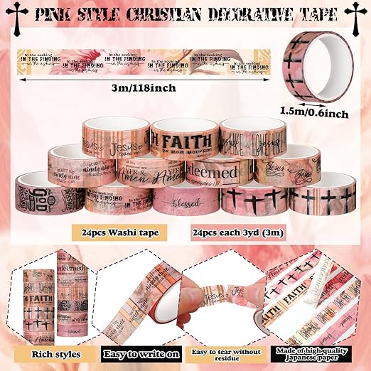 Janlaugh 24 Rolls Christian Washi Tape Gifts Bulk Religious Inspirational Scripture Supplies Bible Verse Tape for Bible Study Journaling Crafting Christmas Stocking Stuffers Gift(Pink)