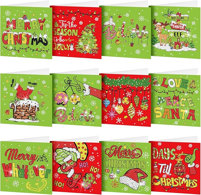 Saillong 12 Pack Christmas Diamond Painting Greeting Card Kits DIY Lime Green Christmas Diamond Art Cards with Envelopes Xmas 5D Rhinestones Painting for Adults DIY Craft Family Friend Xmas Gifts