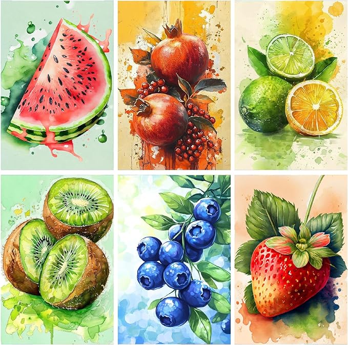 Clendo 6 Packs Paint by Numbers Kit for Adults Beginners, DIY Fruit Easy Adult's Paint by Numbers on Canvas, Acrylic Watercolor Number Artist Paint by Number Kit for Wall Decor(8x12 in)