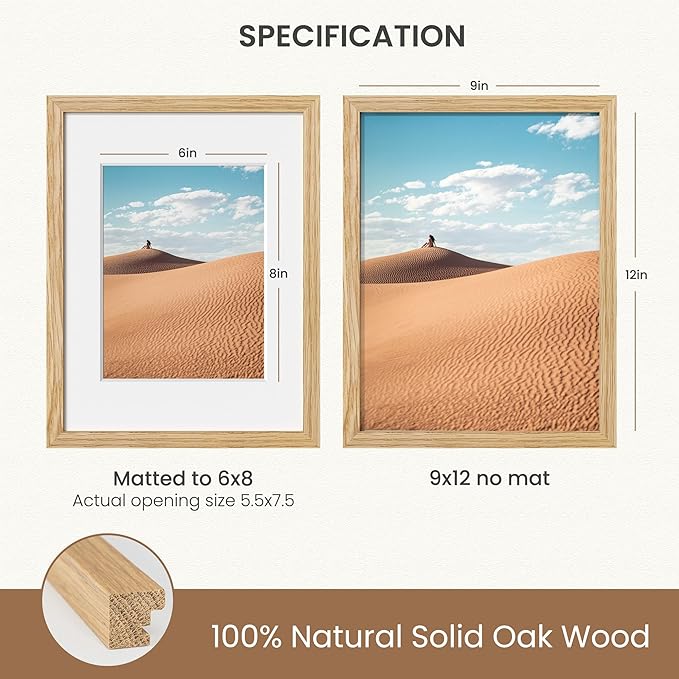 Dreamland Picture Frame 9x12, Solid Oak Wood Photo Frame with Mat for 6x8, 9 x 12 Matted Picture Frames with Resistant Plexiglass for Wall Art Photo and Prints, Oak Color, Set of 1