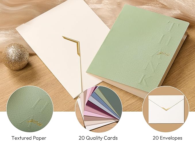 20 Pack Thank You Cards with Envelopes, 4.25×5.5 Inch Textured Thank You Notes, 10 Color Assorted Thank You Cards with Raised Embossed Letter Design and Gold Foil Seal Envelopes, Blank Inside