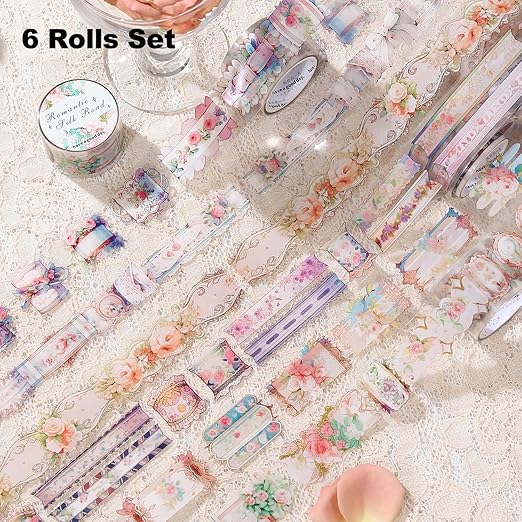 Romantic Silk Road PET Tape Set, 6 Rolls of Vintage Ephemera for Junk Journaling, Scrapbooking, Crafting, DIY Projects, Diaries, and Art Supplies