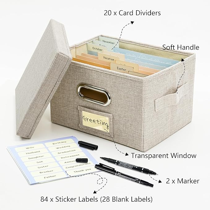 Greeting Card Organizer and Storage Box with 20 Pcs Adjustable Dividers, Storing Cards with 84 Pcs Labels Perfect for Storing Greeting Cards, Envelopes, Photos 1 Pack Beige
