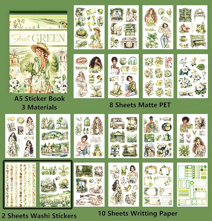 Scrapbook Sticker Book, Fresh Green Journaling Stickers, Junk Journal Supplies, Pre-Cut Aesthetic Scrapbooking for Adults, Decorative Ephemera Bullet Planner DIY Arts Craft Collage