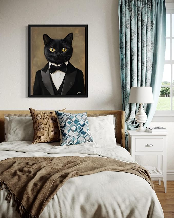 Tuxedo Cat Art Poster Print, Cat Kitten Painting Humor Portrait Pet Artwork Decor Gallery A8 (Tuxedo Cat, 8 x 10 inches, Black Frame)