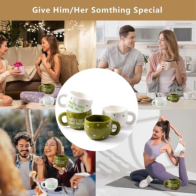 4pcs Cute Ceramic Coffee Mug, 9.4OZ White Green Porcelain Tea Mugs, Ceramic Cup Sets for Matcha Lovers, Dishwasher & Microwave Safe, Christmas Gift(Matcha)