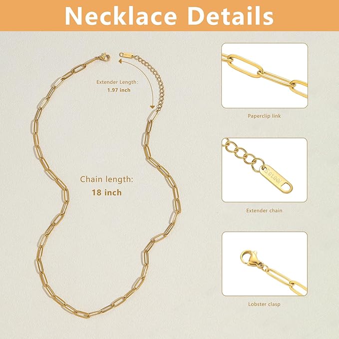 Swyabi 10 PCS Paperclip Chain Necklace Kit 18Inch Stainless Steel Charm Bulk Chains with Extender for DIY Jewelry Making Supplies Accessories (Gold + Steel