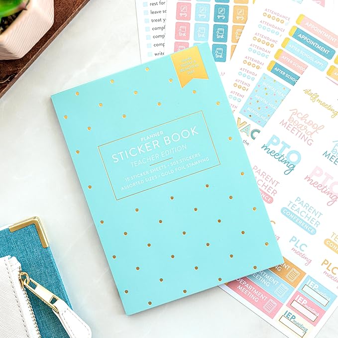 PPP Teacher Sticker Book | Pack of 15 | 503 Colorful Stickers | Assorted Sizes | 5x7 Sheets of Stickers | Gold Foil Stamping | Personalize Your Planner with Flags, Tabs, & Blocks for Educator Events