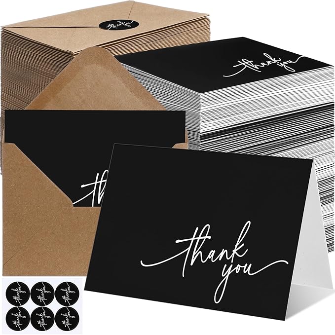 Gueevin 200 Pcs Thank You Cards with Kraft Envelopes and Stickers Bulk, 3.5 x 5 Inch Classy Blank Thank You Notes for Wedding, Business, Graduation, Baby Shower, Bridal Shower, Funeral(Black)