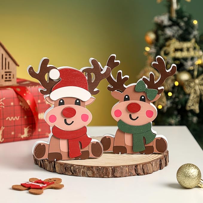 Amorita Reindeer Christmas Decor - 2 Piece Brown Reindeer Couple for Christmas Tiered Tray Decor - Elegant Wood Tiered Tray Xmas Centerpiece Table Decorations