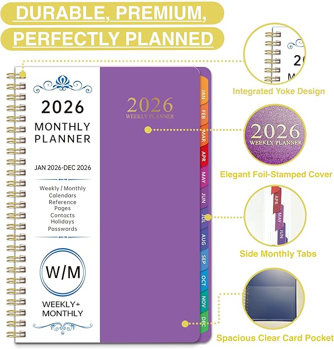 2026 Planner, Weekly and Monthly Planner, January 2026 - December 2026, Calendar Planner A5 (6.5" x 8.5") with Tabs With 8 stickers, Inner Pocket for Home School Office Supplies (Purple)