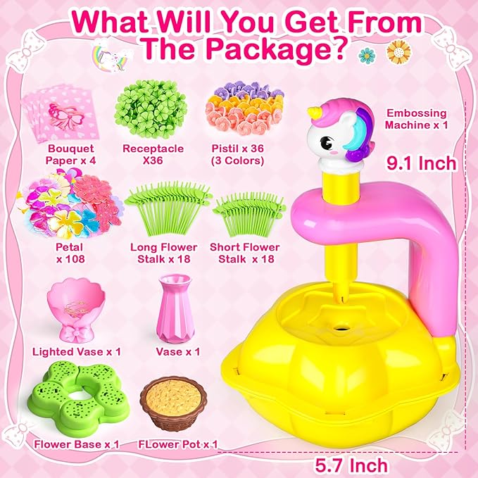 Osllate DIY Arts and Crafts for Kids Flower Toys with Lighted vase, Upgraded Unicornous Design Fabric Bouquet Craft Kits for Kids Toys for Girls Christmas Birthday for 3-12+ Year Old, Pink
