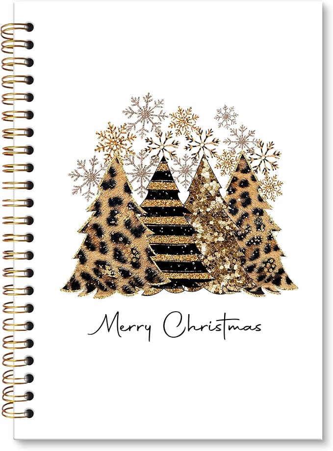 XNXLDYLH Gold Leopard Merry Christmas Tree Notebook Journal, Preppy Trendy Aesthetic Spiral Notebook, Funky Snowflake Journals Notebooks, Christmas Office School Supplies Gifts for Coworker, 5.5x8.3In