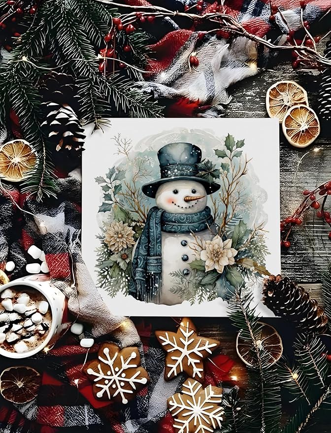 Floral Christmas Snowman Wooden Box Sign, Blue Snowman Christmas Decorations, Vintage Xmas Winter Holiday Wood Signs for Home Office Desk Shelf Table Decor, 5x5 Inch Decorative Signage