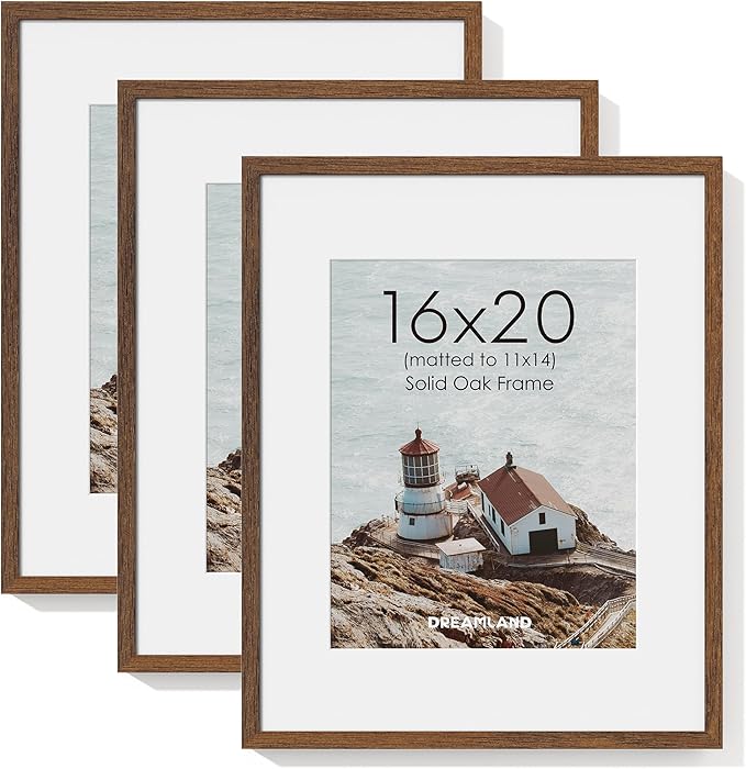 Dreamland 16x20 Picture Frame, Natural Oak Wood Photo Frame with Mat for 11x14, 16 x 20 Matted Picture Frames with Tempered Real Glass for Wall Art Photo and Prints, Walnut Color, Set of 3