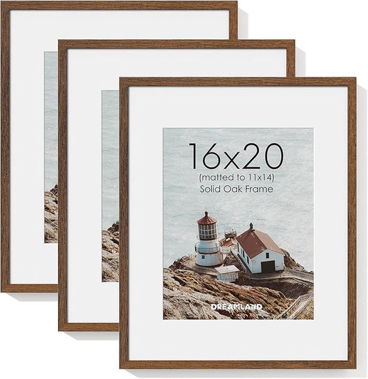 Dreamland 16x20 Picture Frame, Natural Oak Wood Photo Frame with Mat for 11x14, 16 x 20 Matted Picture Frames with Tempered Real Glass for Wall Art Photo and Prints, Walnut Color, Set of 3