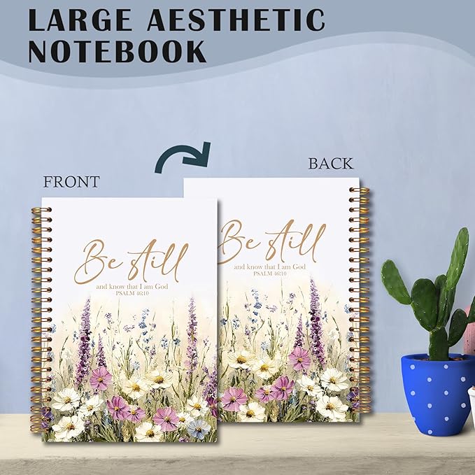 Wildflower Christian Spiral Notebooks, Be Still and Know That I Am God Bible Journal, Psalm 46:10 Scripture Journals for Writing, Religious Notebook for Note Taking, 5.5x8.3 Inch