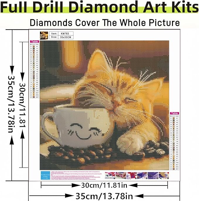 Cat and Cup Diamond Art Kits for Adults, 5D Diamond Painting for Adult Beginners, DIY Full Drill Round Gem Painting Dot Art for Adults，Home Wall Decor 13.78x13.78 Inch