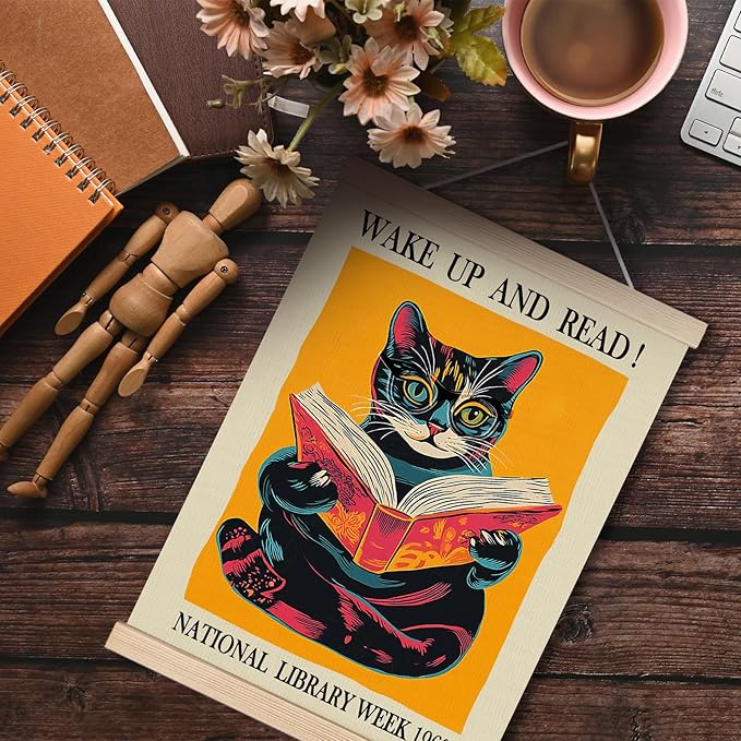Vintage Cat and Book Wall Art, Book Posters, Library Reading Nook Decor, Wake Up and Read Cat Reading Canvas Wall Art Poster Hanger Frame for Reading Room Corner Classroom Decor, 12x16 Inch