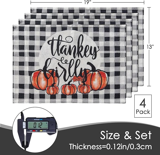 MANSPHIL Gray Buffalo Plaid Thanksgiving Placemats Set of 4 - Fall Fabric Table Place Mats for Autumn Harvest Decor Dining Kitchen Washable Wrinkle Free 13x19 Inch