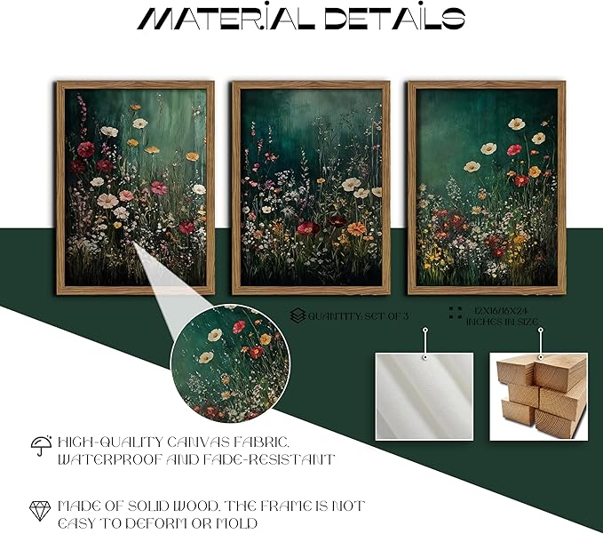 Vintage Wildflower Wall Art Set of 3, Moody Dark Green Flower Botanical Wall Decor Paintings,Nature Floral Farmhouse Landscape Posters Prints Pictures for Living Room Bedroom 16x24 Inch Wood Framed