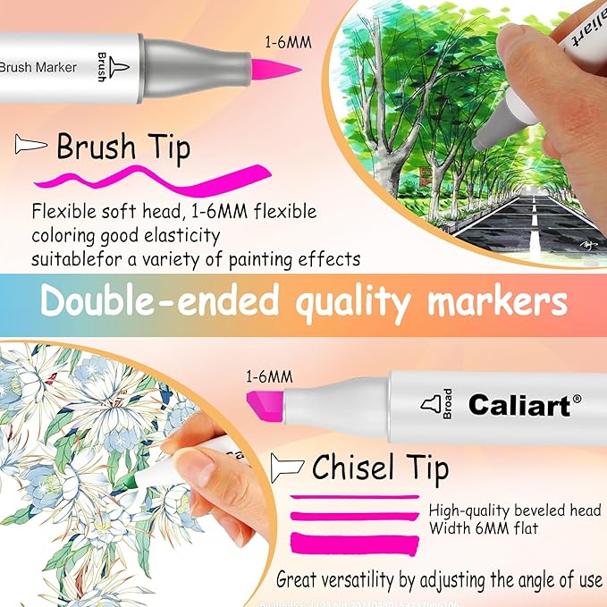 Caliart 168 Colors Alcohol Markers Brush Tip & Chisel, Dual Tip Art Markers Set for Adults Artists Sketch Illustration Coloring Book, Permanent Colored Drawing Pen Art Supplies Christmas Gifts