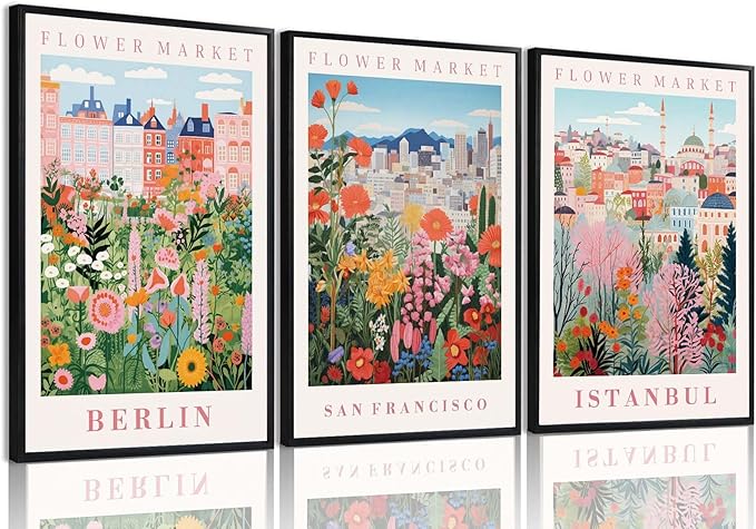 XLARTMY Flower Market Wall Art Prints Canvas Orange and Pink Floral Paintings Colorful Botanical Travel Flower Posters for Home Decor Pictures Set of 3 for Living Room Bedroom 12x16in Unframed
