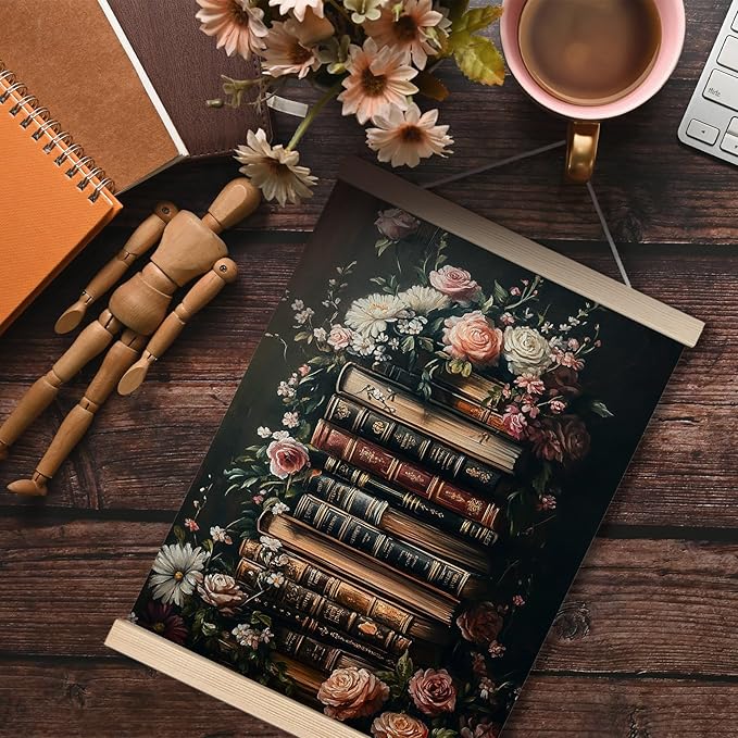 Vintage Floral Book Canvas Wall Art Poster, Reading Nook Corner Decor, Retro Moody Bookish Book Lover Wall Decor Prints for Library Reading Room Classroom Home, 12x16 Inches