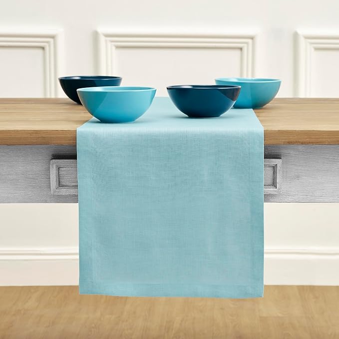 Solino Home Linen Aqua Blue Table Runner 120 Inches Long - 100% Pure Linen 14 x 120 Inch Table Runner for Dining, Spring, Easter, Winter - Fete