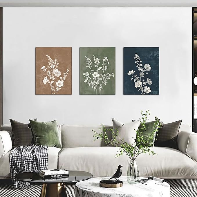 Framed Boho Canvas Wall Art Set of 3, Minimalist Botanical Picture Wall Decor Painting, Vintage Floral Rustic Farmhouse Posters Prints for Living Room Bedroom Bathroom Home Decor 12x16In