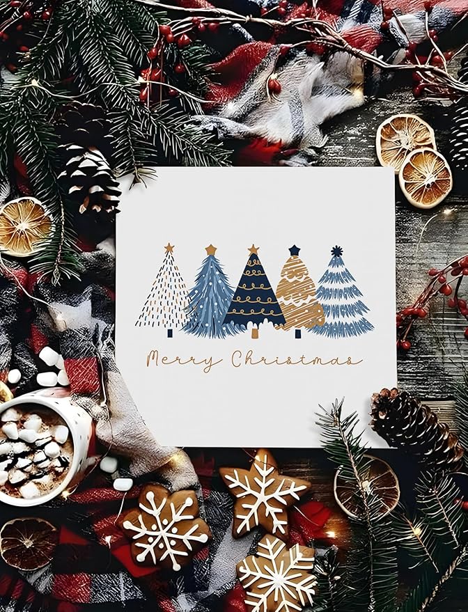 Navy Blue and Gold Christmas Tree Wooden Box Sign, Preppy Christmas Desk Decor, Merry Xmas Tree Winter Holiday Wood Signs for Home Office Desk Shelf Tabletop Decor,Decorative Signage 5x5 Inch