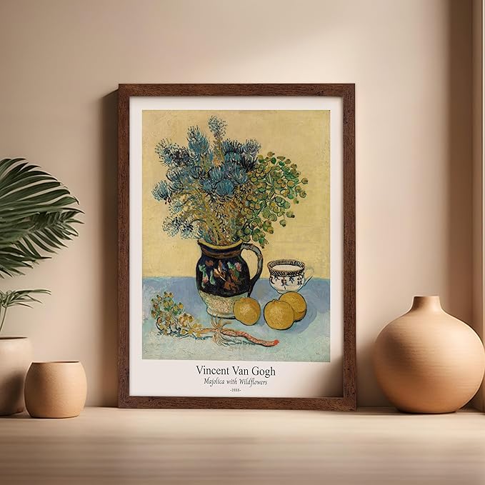Monem Art Vintage Van Gogh Poster - Retro Majolica with Wildflowers Print - Impressionism Art - Flower Art - Fine Art - Classic Painting Art - Floral Living Room Decor - 16x20 Brown Framed