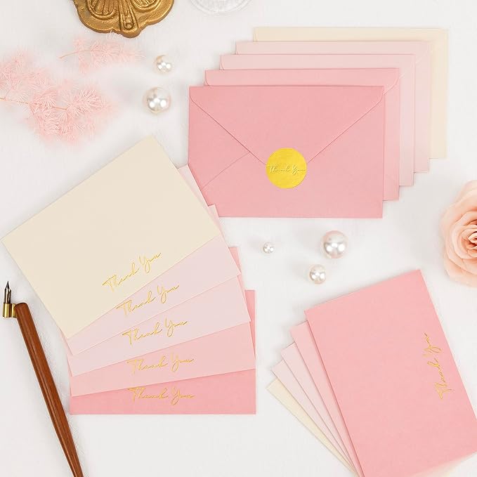Crisky Pink Thank You Cards with Envelopes & Stickers， 50 Pack Bridal Shower Graduation Thank You Cards Small Business, Wedding Baby Shower Birthday Funeral Notes Bulk