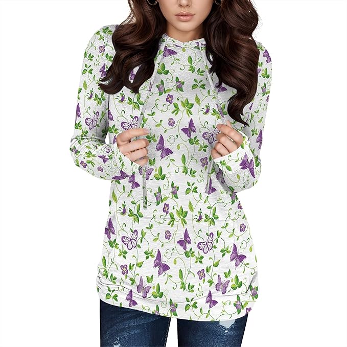 Hooded Sweatshirt Women Fall Butterfly Sweatshirts Lightweight Long Sleeve Pullover Tops Trendy Outfits Plus Size