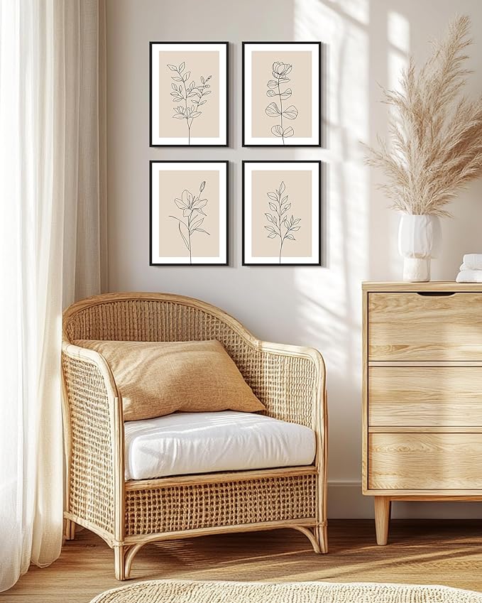 Drsoum Botanical Boho Framed Wall Art Wooded Minimalist Aesthetic Flower Prints Farmhouse Retro Plants Rustic Bathroom Kitchen Home Decor Ready to Hang 11x14inx4pcs (Black Framed)