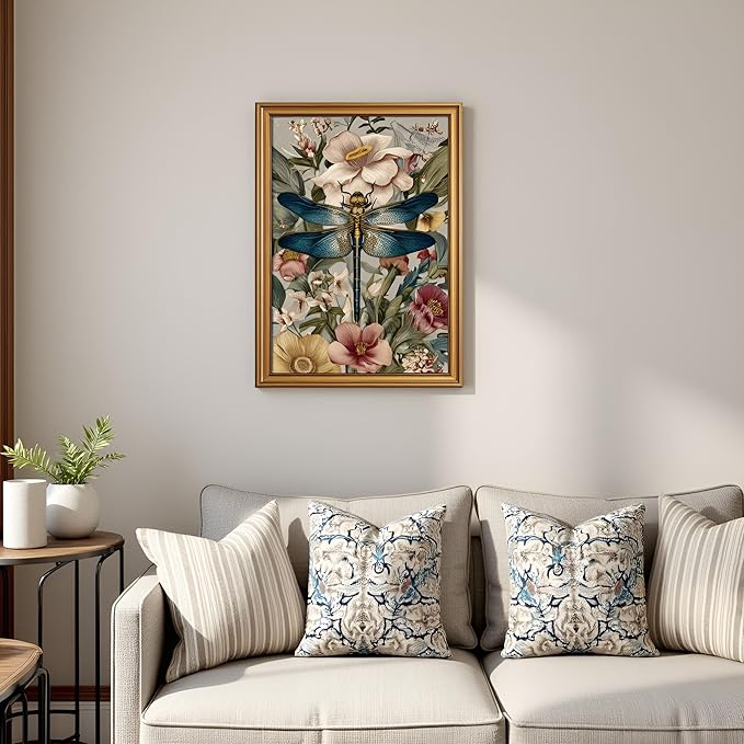 okudolit Gold Framed Dragonfly Canvas Wall Art Print Blue Insect Botanical Floral Painting Vintage Flower Picture Artwork Rustic Retro Nature Decor for Living Room Bedroom Office Home Decor 16x24in