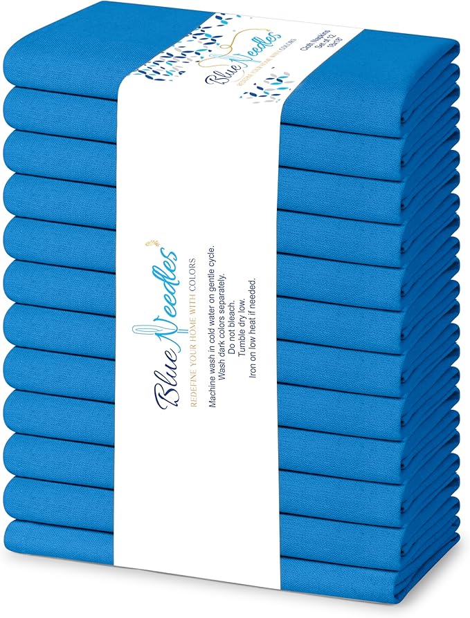 Blue Needles Solid Cloth Napkins Set of 12 Royal Blue 100% Cotton Dinner Napkins 18x18 inches - Soft, Reusable, Absorbent & Washable Linen, Ideal for Christmas Events, Parties & Everyday Use