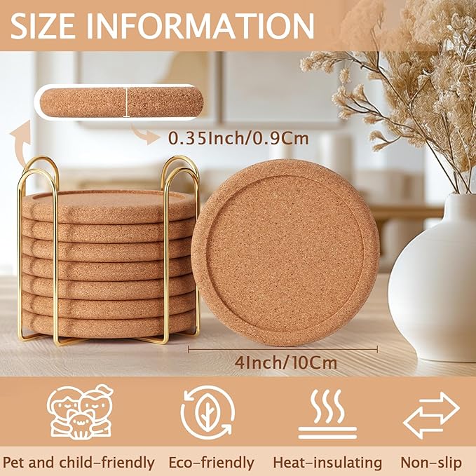 Cork Coasters for Drinks with Metal Holder, GOH DODD Absorbent Blank Coasters Tabletop Protection Home Decor for Housewarming Gifts Wedding Laser Engraving Wood Burning, Set of 8, Round, 4 Inch
