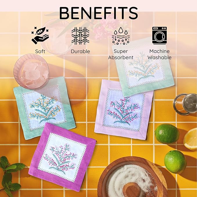 Cocktail Napkins Set of 6, 6x6 inch, 100% Linen, French Knot Hand Embroidered Floral Pattern, Reusable & Washable Napkin Coasters for Drinks, Parties, Weddings (Pink & Green)