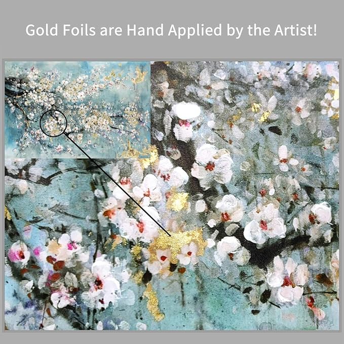 ARTISTIC PATH Abstract Canvas Painting Flower Picture: Teal Floral Golden Foil Wall Art on Canvas for Office (36''W x 24''H,Multi-Sized)